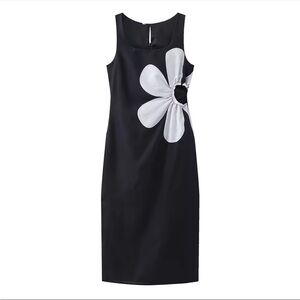 Black and white Floral Printed Sleeveless Hollow Out Dresses 2024 Summer
